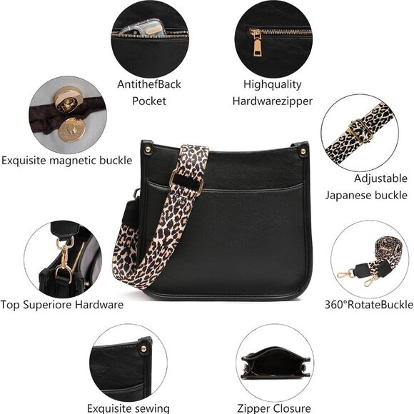 Women's Crossbody Shoulder Bag with Leopard Guitar Strap,Vegan Faux Leather Purs - Picture 5 of 9